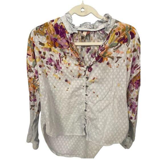 Pilcro Anthropologie Tavi Cream Floral Embroidered Blouse Size Small - Picture 2 of 6